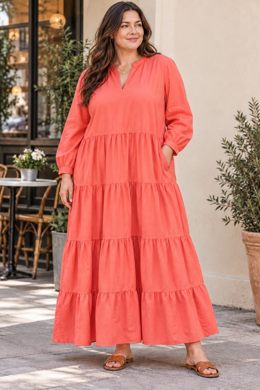 Gap Dress Womens XXL Tall Coral Orange Tiered Maxi Long Sleeve Cotton Pockets